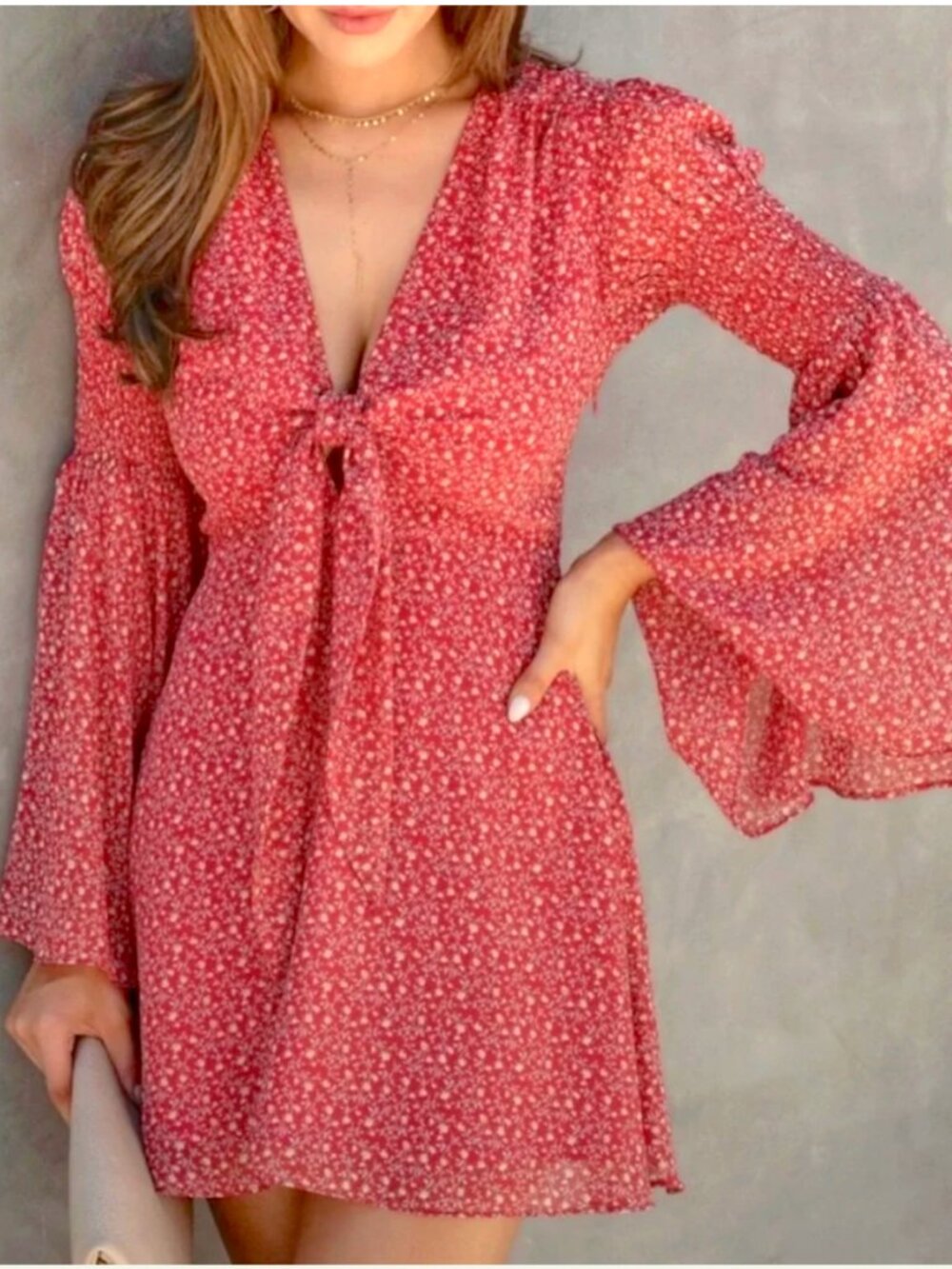 Vici Collection "Desiree" Red/Orange Floral Bell Sleeve Tie-Front Dress - Picture 3 of 13